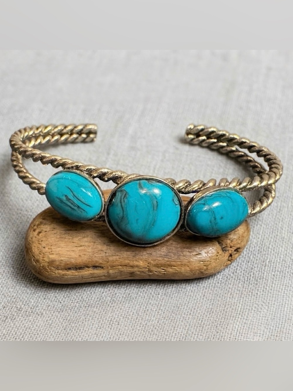 Boho Southwestern Twisted Rope Metal Cuff Bracelet Turquoise Tone Stones